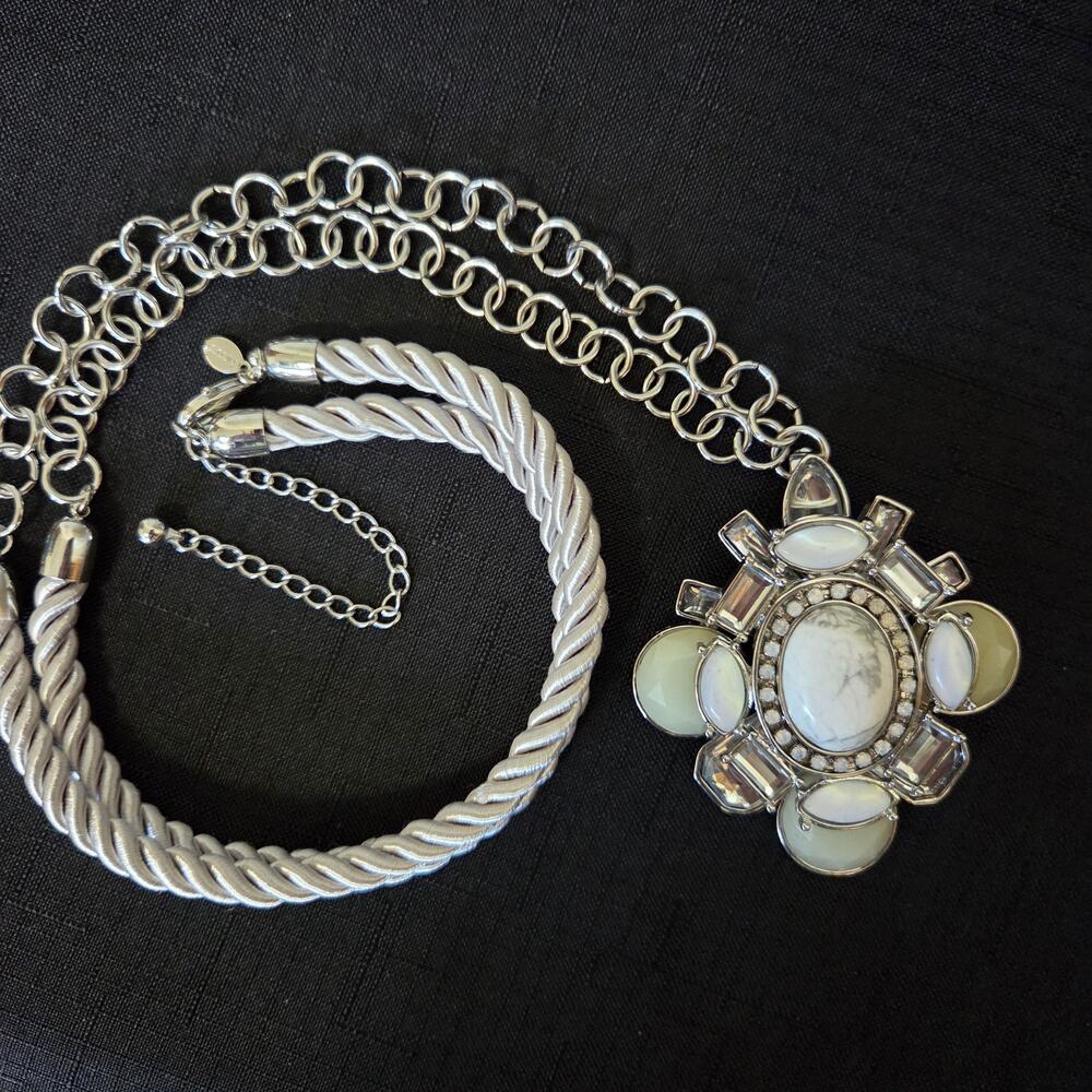 Chico's Long Howlite Removable Pendant Necklace Silver Chain Gray Silver Cord